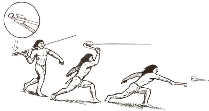 Nativo do Novo Mundo lançando flecha com o propulsor ou estólica
